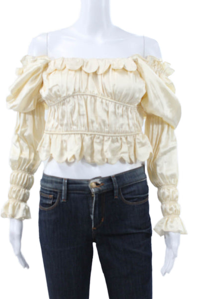 Loeffler Randall Women Cropped Silk Off the Shoulder Long Sleeve Blouse Size S
