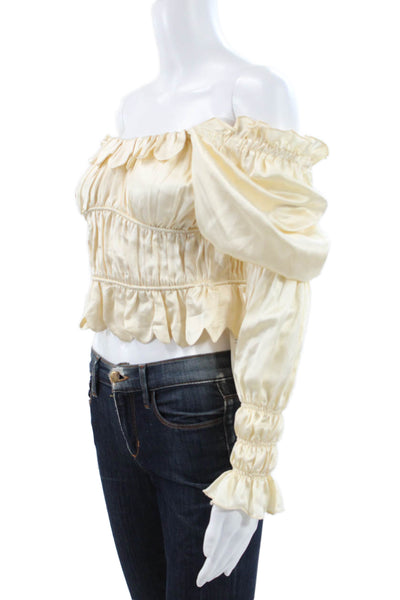Loeffler Randall Women Cropped Silk Off the Shoulder Long Sleeve Blouse Size S