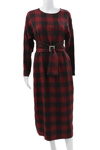 Selmacilek Womens Red Plaid Shift Dress Long Sleeve Round Neck Cotton Size S