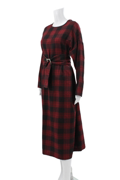Selmacilek Womens Red Plaid Shift Dress Long Sleeve Round Neck Cotton Size S