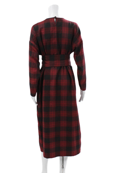 Selmacilek Womens Red Plaid Shift Dress Long Sleeve Round Neck Cotton Size S