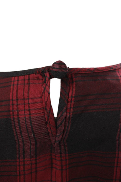 Selmacilek Womens Red Plaid Shift Dress Long Sleeve Round Neck Cotton Size S