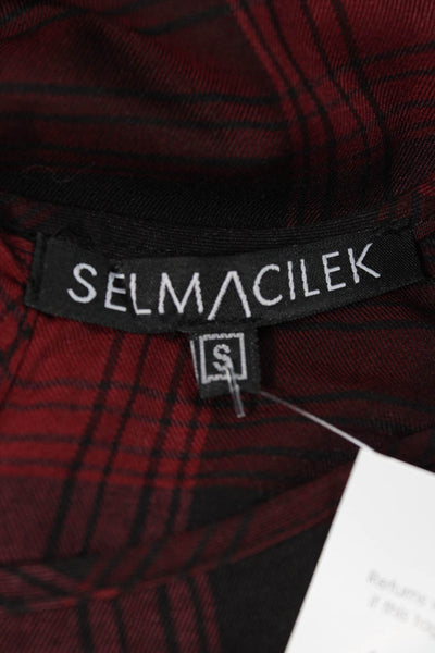 Selmacilek Womens Red Plaid Shift Dress Long Sleeve Round Neck Cotton Size S