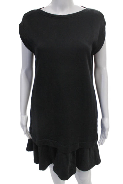 McQ Women Black T-Shirt Dress Boat Neck Short Sleeve Cotton Pullover Size S