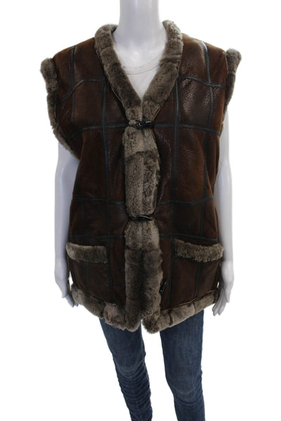 Designer Women Sheepskin Checked Toggle Vest Brown Size M