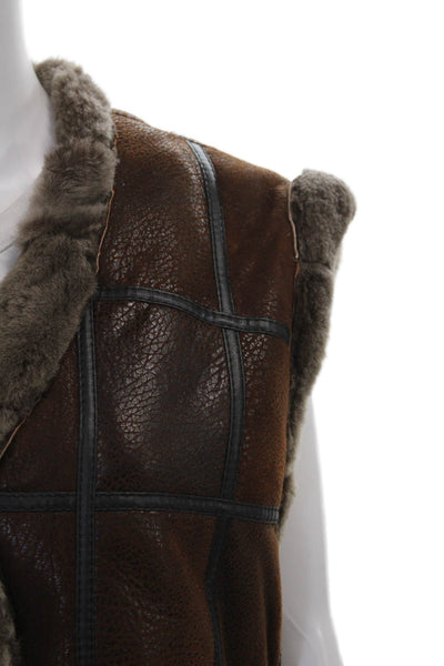 Designer Women Sheepskin Checked Toggle Vest Brown Size M
