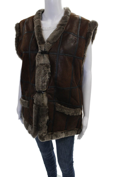 Designer Women Sheepskin Checked Toggle Vest Brown Size M