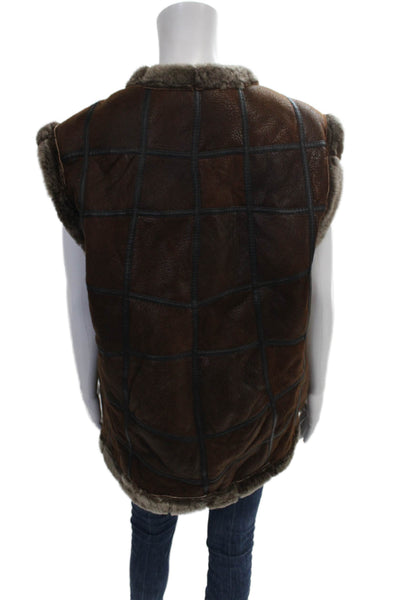 Designer Women Sheepskin Checked Toggle Vest Brown Size M