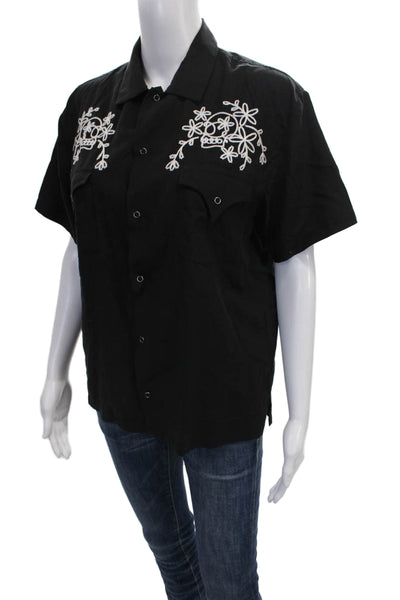 Double Rainbouu Unisex Adults Tencel Buttonup Black Floral Skull Size 2XS