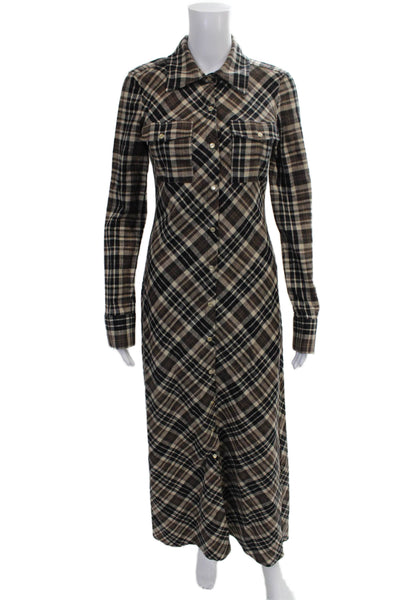 Zara Women Shirt Dress Brown Plaid Long Sleeve Collared Button Cotton Size S