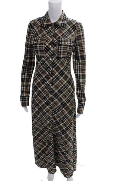 Zara Women Shirt Dress Brown Plaid Long Sleeve Collared Button Cotton Size S