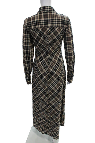 Zara Women Shirt Dress Brown Plaid Long Sleeve Collared Button Cotton Size S
