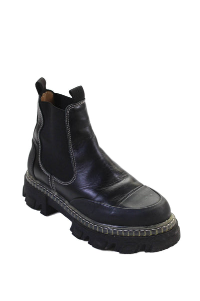 Ganni Womens Leather Block Heels Ankle Boots Shoes Black Size 8