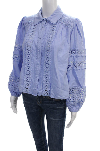 Aqua Women Button-Down Rayon Collared Long Sleeve Blouse Blue Size S