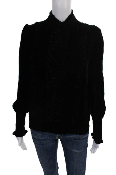 Frame Womens Pullover Blouse Black High Neck Long Sleeve Petite Size S