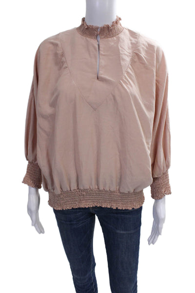 No Less Than Womens Tunic Blouse Pink Rayon High Neck Long Sleeve Size L