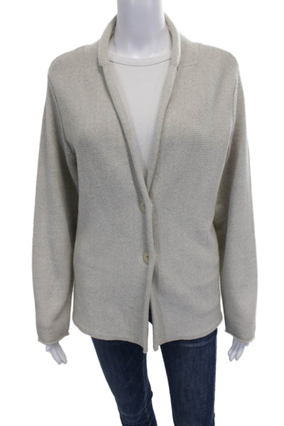 Eileen Fisher Women Beige Merino Wool Collared Cardigan Long Sleeve Size M