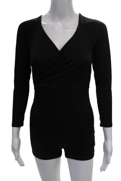 Meshki Women Romper Black V-Neck Long Sleeve Nylon Pullover Size S