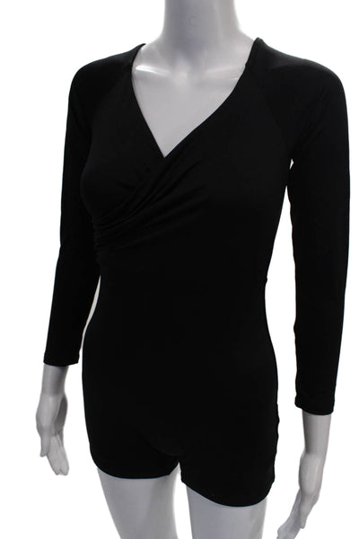 Meshki Women Romper Black V-Neck Long Sleeve Nylon Pullover Size S