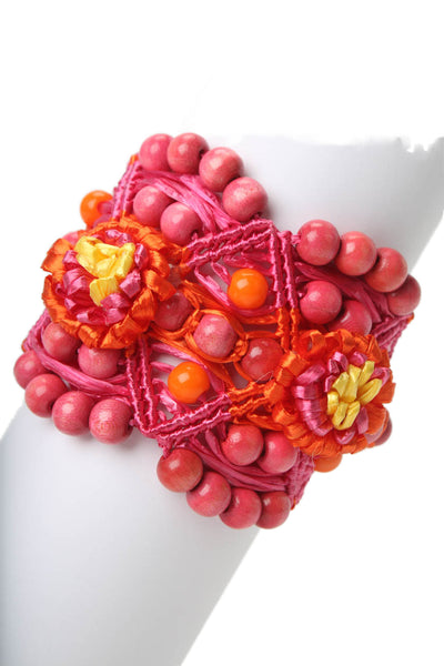 RED Valentino Womens Gold Tone Pink Straw Wood Bead Cuff Bracelet 7.5"