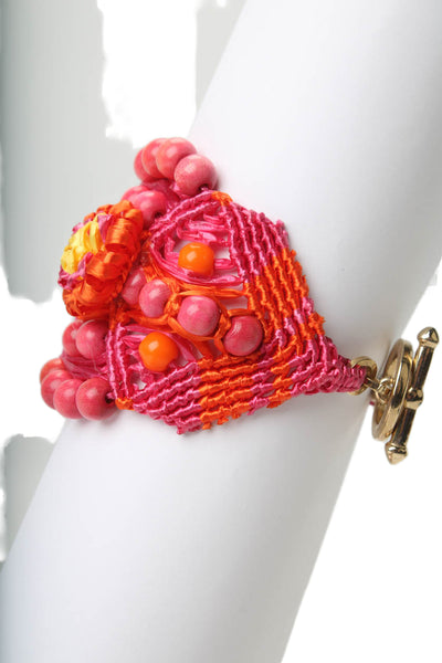 RED Valentino Womens Gold Tone Pink Straw Wood Bead Cuff Bracelet 7.5"