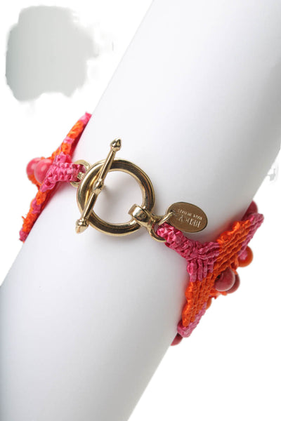 RED Valentino Womens Gold Tone Pink Straw Wood Bead Cuff Bracelet 7.5"