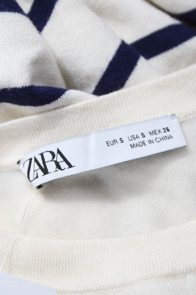Zara Women Pullover Ivory Striped Viscose Crew Neck Short Sleeve Size S