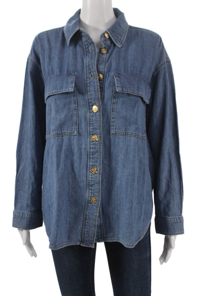 Zara Womens Blue Cotton Collared Long Sleeve Basic Button-Up Shirt Size S