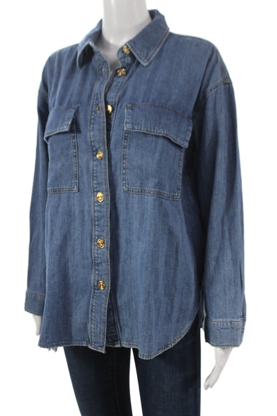Zara Womens Blue Cotton Collared Long Sleeve Basic Button-Up Shirt Size S