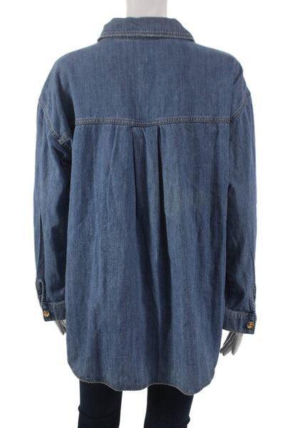 Zara Womens Blue Cotton Collared Long Sleeve Basic Button-Up Shirt Size S