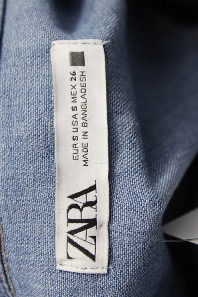 Zara Womens Blue Cotton Collared Long Sleeve Basic Button-Up Shirt Size S