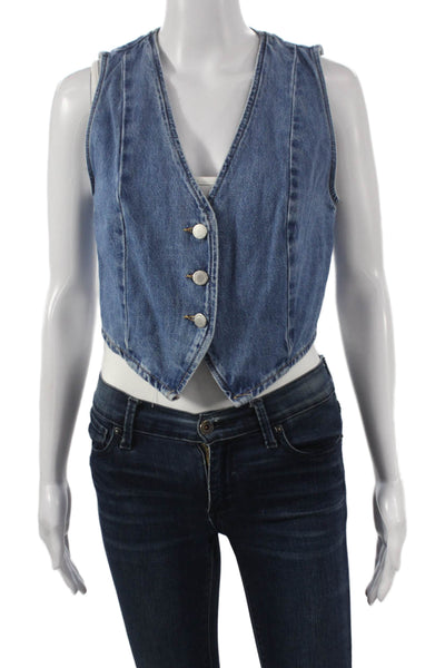 Zara Women Sleeveless Cotton Vest Blue Button Size S