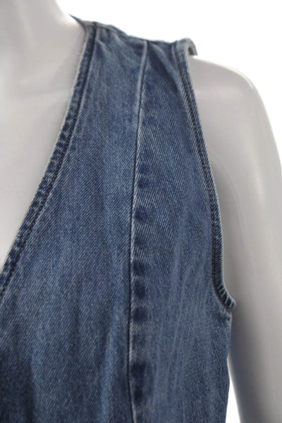 Zara Women Sleeveless Cotton Vest Blue Button Size S
