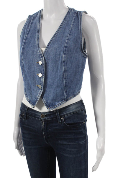 Zara Women Sleeveless Cotton Vest Blue Button Size S