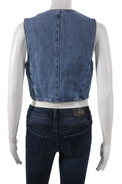 Zara Women Sleeveless Cotton Vest Blue Button Size S