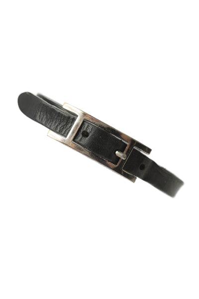 Hermes Womens Silver Tone Black Leather Behapi Single Tour Bracelet 9"