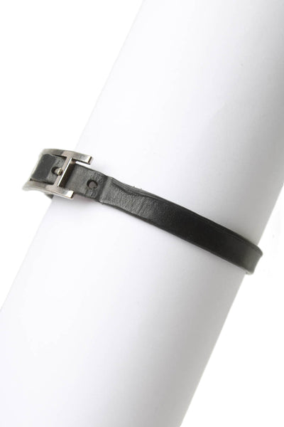 Hermes Womens Silver Tone Black Leather Behapi Single Tour Bracelet 9"