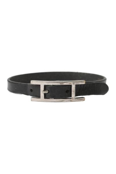 Hermes Womens Silver Tone Black Leather Behapi Single Tour Bracelet 9"