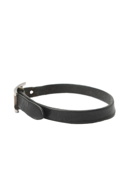 Hermes Womens Silver Tone Black Leather Behapi Single Tour Bracelet 9"