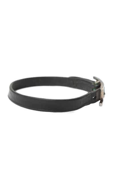 Hermes Womens Silver Tone Black Leather Behapi Single Tour Bracelet 9"