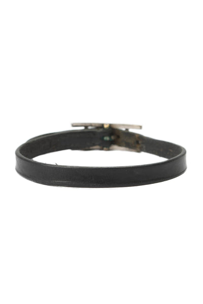 Hermes Womens Silver Tone Black Leather Behapi Single Tour Bracelet 9"