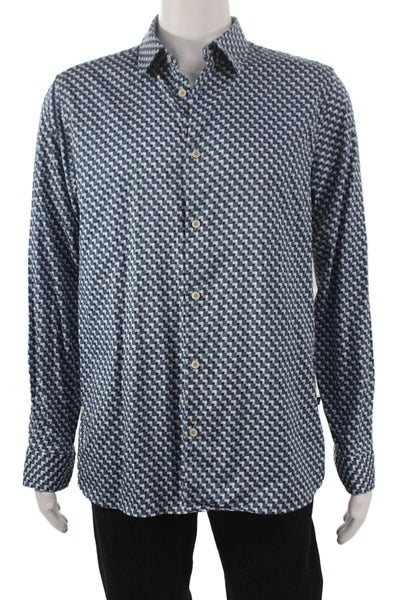 Ted Baker London Men Cotton Geometric Print Button Up Shirt Blue Size 5