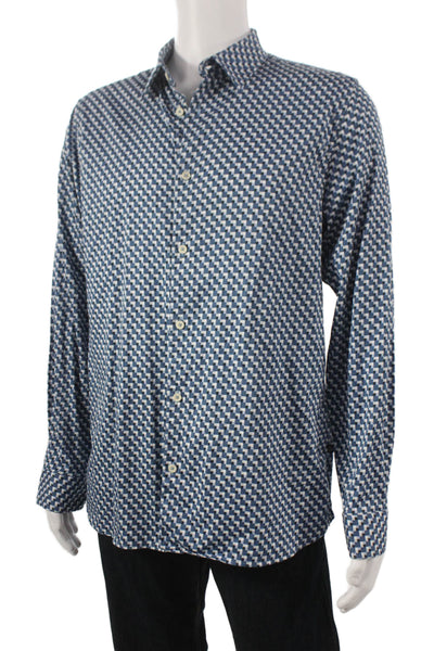 Ted Baker London Men Cotton Geometric Print Button Up Shirt Blue Size 5