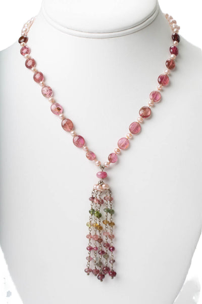 Designer Womens 925 Silver Tourmaline+Pearl+Ruby Beaded Necklace 16.5" 19.7g