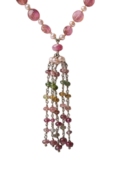 Designer Womens 925 Silver Tourmaline+Pearl+Ruby Beaded Necklace 16.5" 19.7g