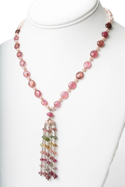 Designer Womens 925 Silver Tourmaline+Pearl+Ruby Beaded Necklace 16.5" 19.7g
