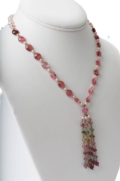 Designer Womens 925 Silver Tourmaline+Pearl+Ruby Beaded Necklace 16.5" 19.7g