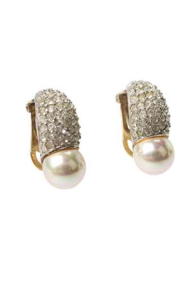 Modital Womens Vintage Gold Tone Imitation Pearl + Rhinestone ClipOn J-Hoops