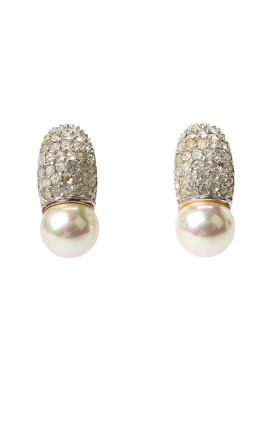 Modital Womens Vintage Gold Tone Imitation Pearl + Rhinestone ClipOn J-Hoops