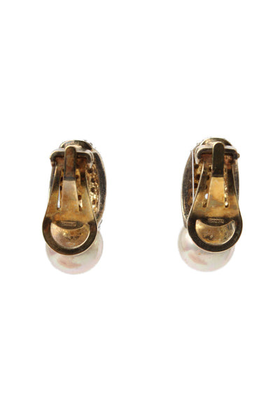 Modital Womens Vintage Gold Tone Imitation Pearl + Rhinestone ClipOn J-Hoops